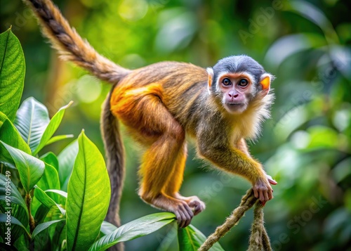 A curious monkey grasps its long, fluffy tail, wrapping it around a tree branch as it perches in a lush, vibrant jungle environment.