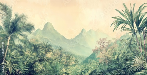 Watercolor painting of a green jungle landscape in retro or vintage style. Watercolor wallpaper pattern. Lush, green rainforest background.