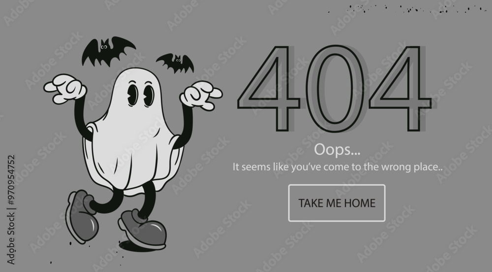 Retro style ghost, bats. Oops, Error 404, page not found, system error concept. Website, browser failure, popping window, problem template. Hand drawn Vector illustration