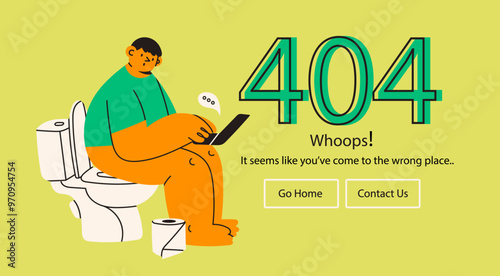 Person sitting on the toilet with laptop. Whoops, Error 404, page not found, system error concept. Website, browser failure, popping window, problem template. Hand drawn Vector illustration