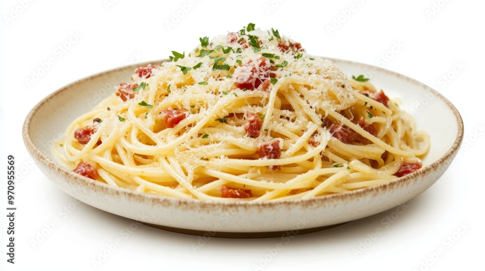 Soup plate with a modern design with spaghetti carbonara and grated cheese isolated on white background Soup plate with a modern design with spaghetti carbonara and grated cheese isolated on white background