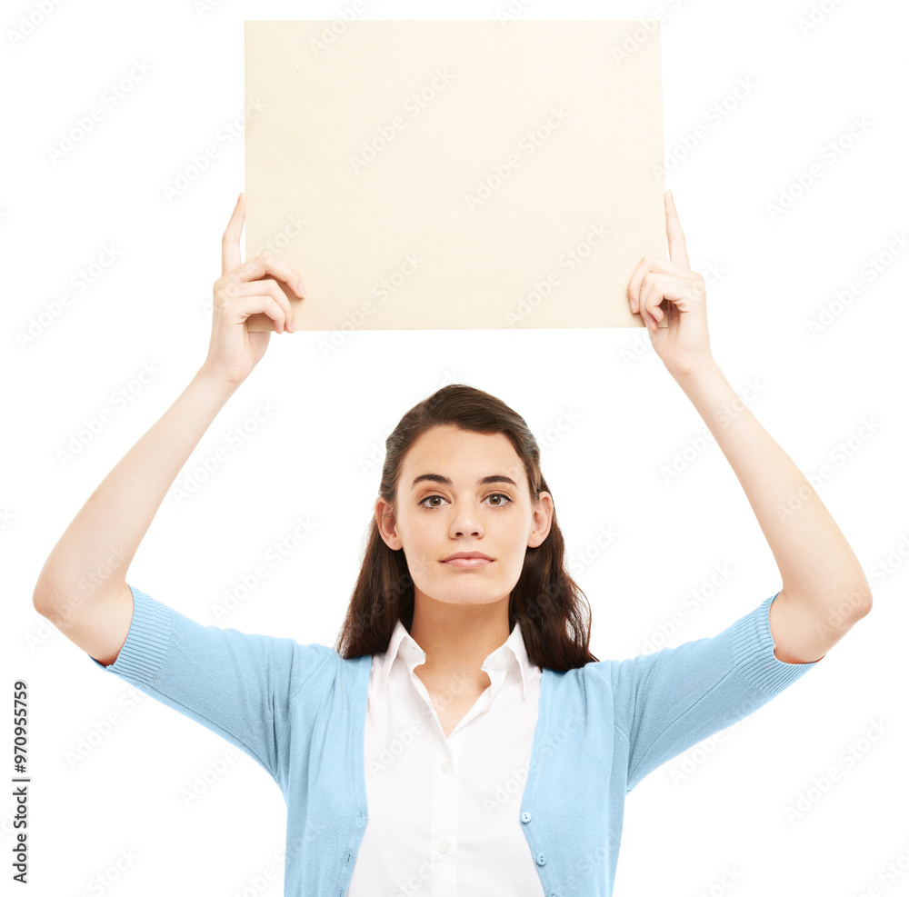 Banner, portrait and business woman in studio for news, announcement and information. Poster, mockup space and face of isolated person for feedback, advertising and promotion on white background Banner, portrait and business woman in studio for news, announcement and information. Poster, mockup space and face of isolated person for feedback, advertising and promotion on white background
