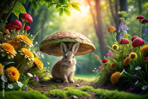 A curious rabbit peeking out from behind a giant mushroom, surrounded by vibrant flowers and lush greenery, in a whimsical and colorful forest setting. photo