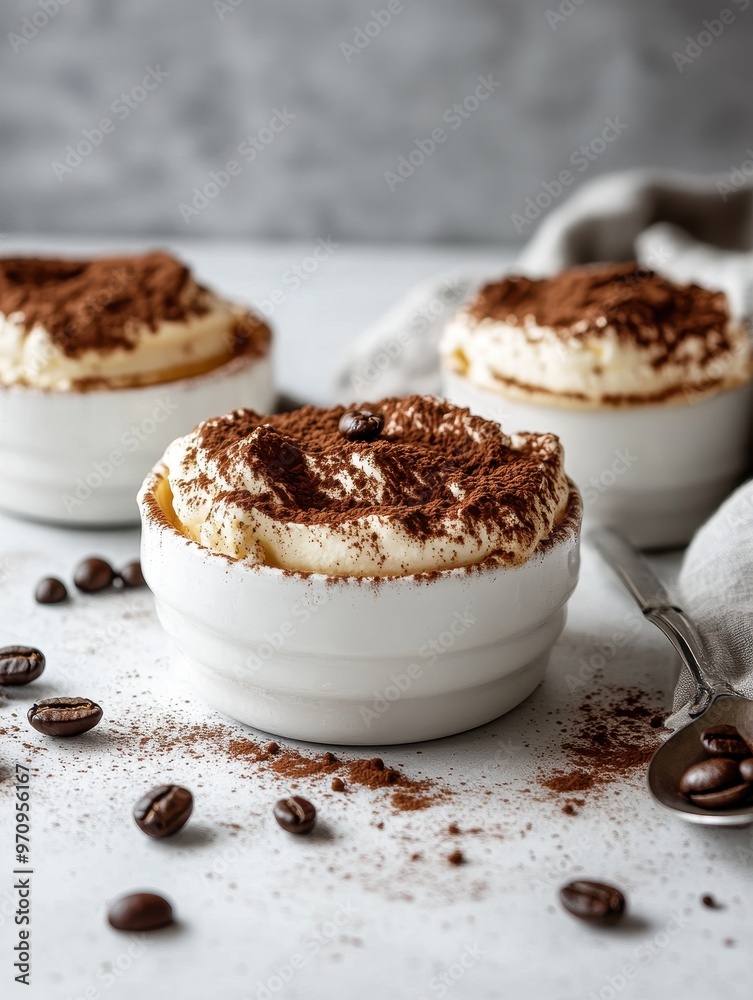 A delicious dessert featuring creamy layers topped with cocoa powder and coffee beans. A delicious dessert featuring creamy layers topped with cocoa powder and coffee beans.