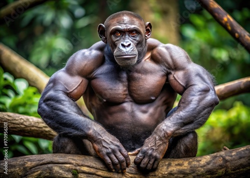 A dark-skinned male primate, with a strong muscular build, sitting on a tree branch, gazing directly at the camera with intense, curious eyes.