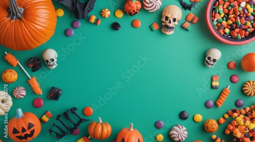 Playful kids Halloween celebration scene. Overhead view image presenting candies youngsters costume items and Halloween-themed decorations on isolated green backdrop offering space for ad or text photo