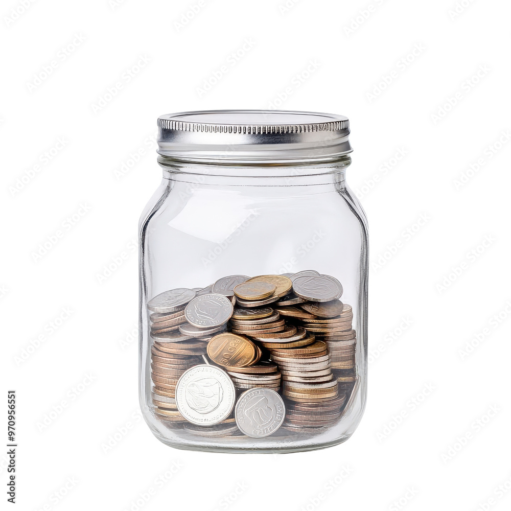 A clear glass jar filled with assorted coins, representing savings, finance, and monetary value. A clear glass jar filled with assorted coins, representing savings, finance, and monetary value.