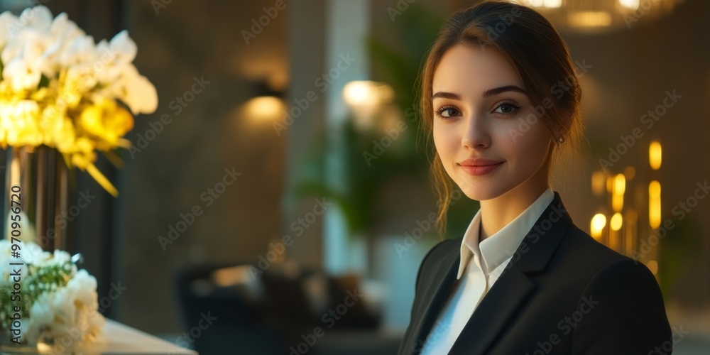 A confident young woman poses in a modern setting. She wears a stylish suit and has a warm smile. The background features elegant decor. This image is perfect for business or professional use. AI A confident young woman poses in a modern setting. She wears a stylish suit and has a warm smile. The background features elegant decor. This image is perfect for business or professional use. AI