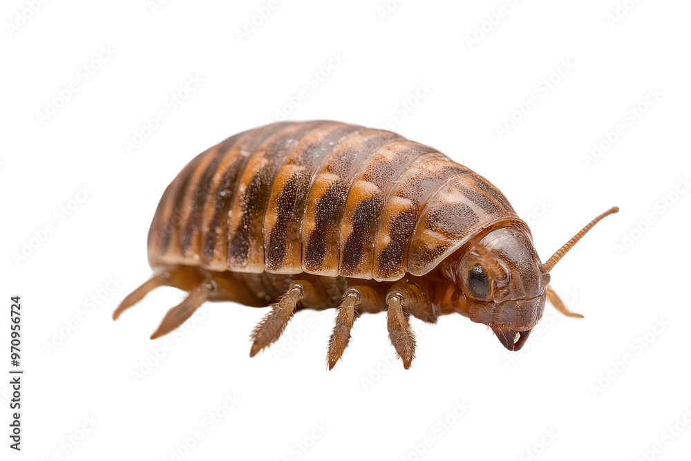 A close-up view of a brown pill bug, highlighting its segmented body and antennae. Ideal for nature and entomology themes. A close-up view of a brown pill bug, highlighting its segmented body and antennae. Ideal for nature and entomology themes.