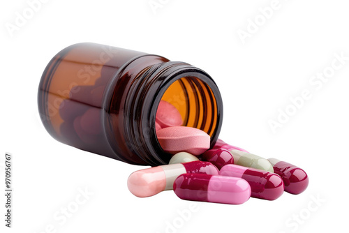 A close-up view of spilled capsules and tablets from a brown medicine bottle, representing health and wellness concepts. photo