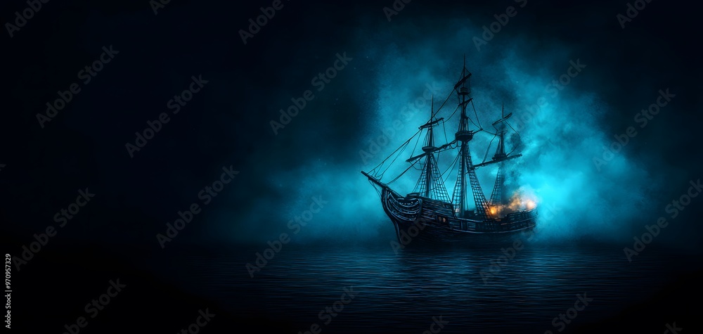 Fototapeta premium A Haunted Pirate Shipwreck Glows Mysteriously Beneath Waves, Capturing the Essence of Ghostly Lore. Halloween Pirate Concept