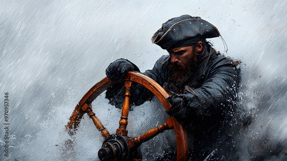 Obraz premium A fierce pirate captain struggles at the helm during a storm, water splashing around amid dark skies. The intense atmosphere conveys determination and bravery amidst chaos.. Halloween Pirate Concept