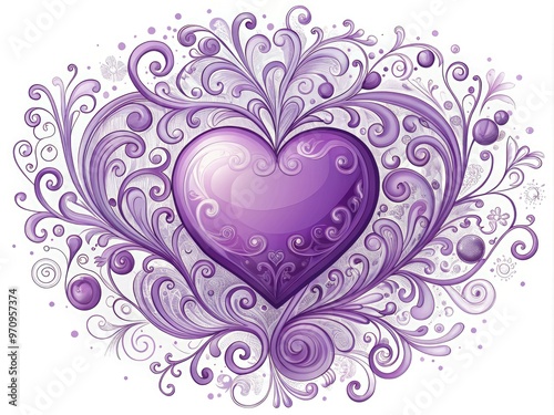 A delicate, hand-drawn illustration of a whimsical purple heart surrounded by intricate swirls and ornate flourishes, exuding sweetness and endearing charm. photo