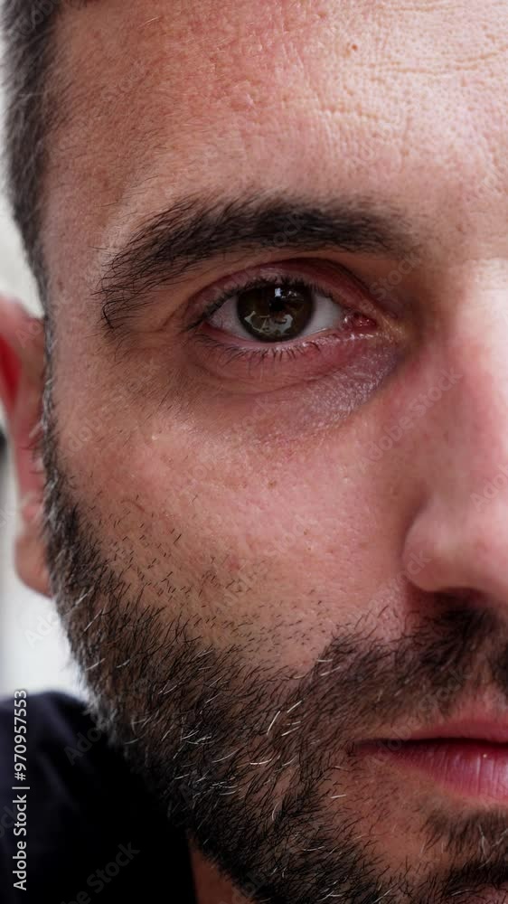 Vertical video of a close-up of half a face, focusing on the eye and partial features. The detailed view highlights the emotion conveyed through the eye. Vertical video of a close-up of half a face, focusing on the eye and partial features. The detailed view highlights the emotion conveyed through the eye.