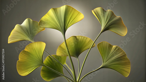 Ginkgo biloba leaves on a gray-beige background for elegant decoration and artistic applications with copy space
