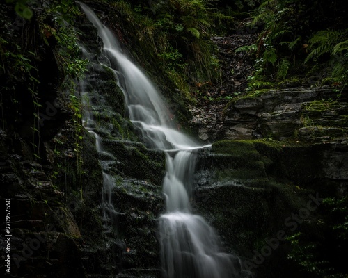 Serene waterfall cascading over moss-covered rocks in a lush, green forest