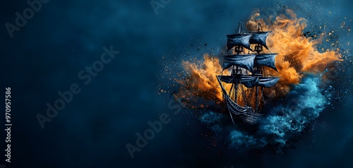 A haunted pirate ship bravely navigates through ghostly sea creatures in a dramatic ocean scene. Halloween Pirate Concept photo