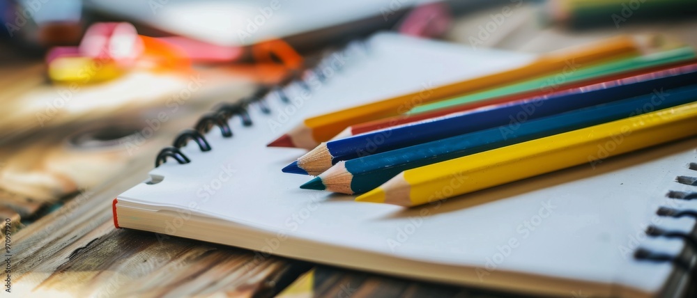 A bunch of colorful pencils neatly arranged on a spiral notebook, symbolizing creativity, inspiration, and the endless possibilities of imagination and artistic expression. A bunch of colorful pencils neatly arranged on a spiral notebook, symbolizing creativity, inspiration, and the endless possibilities of imagination and artistic expression.