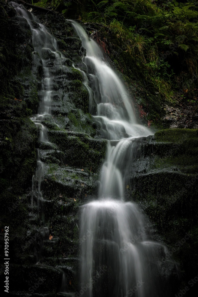 Serene waterfall cascading down moss-covered rocks in a lush forest setting Serene waterfall cascading down moss-covered rocks in a lush forest setting