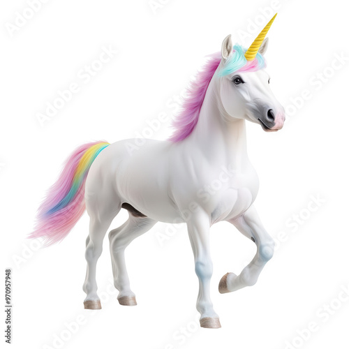 A vibrant unicorn with a rainbow mane and golden horn, exuding magic and beauty. Perfect for fantasy-themed projects. photo