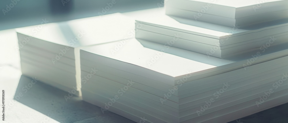 Stacks of pristine white paper bask in soft sunlight, creating an impression of endless creativity and fresh beginnings. Stacks of pristine white paper bask in soft sunlight, creating an impression of endless creativity and fresh beginnings.