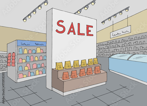 Grocery store shop interior color graphic sketch illustration vector 