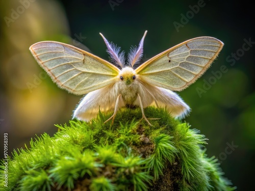 A delicate, pale yellow moth with intricate wing patterns and feathery antennae perches on a soft, moss-covered stone in a serene, moonlit forest setting. photo