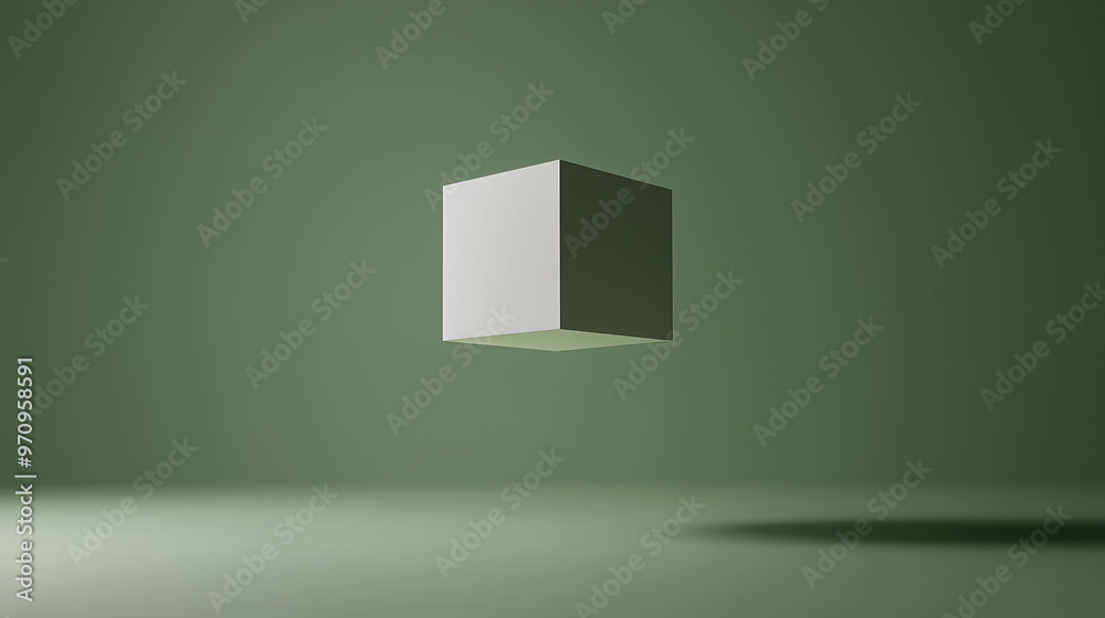 Floating White Cube on Green Background Floating White Cube on Green Background