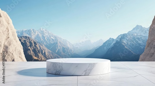 Outdoor podium made of marble, set against a backdrop of towering mountains, the elegance of nature s grandeur surrounding a refined minimalist stage photo