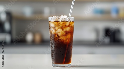 Iced coffee in a tall glass with a straw, condensation on the sides, placed on a white table with ample free space in the background