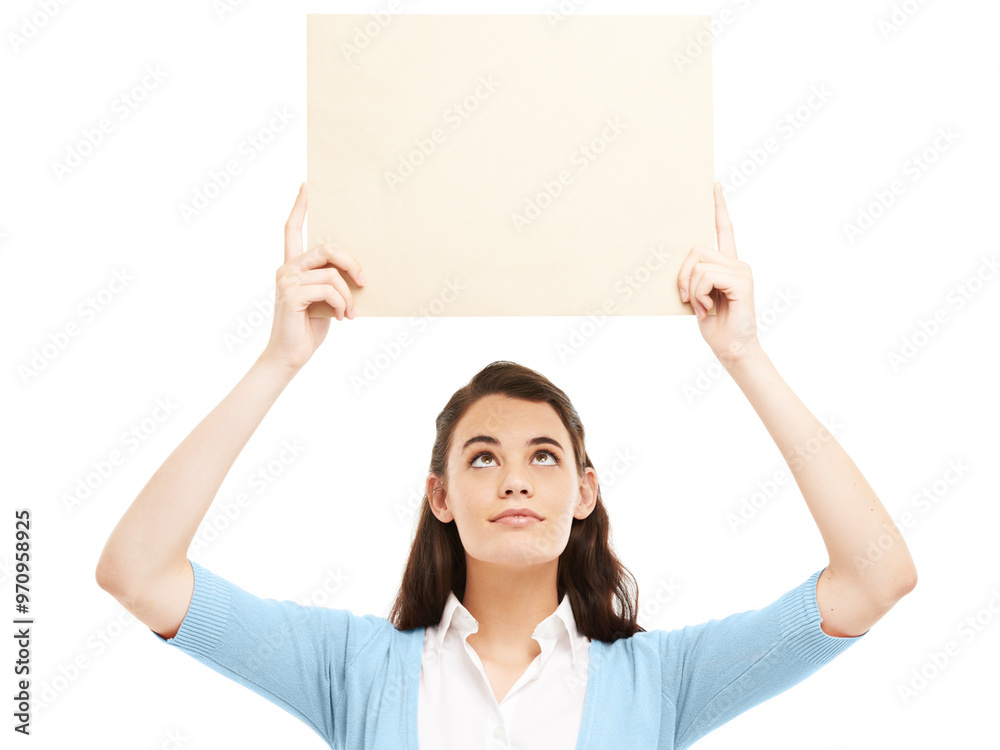 Poster, thinking and business woman in studio for news, announcement and information. Sign, mockup space and isolated person with banner for feedback, advertising and promotion on white background Poster, thinking and business woman in studio for news, announcement and information. Sign, mockup space and isolated person with banner for feedback, advertising and promotion on white background