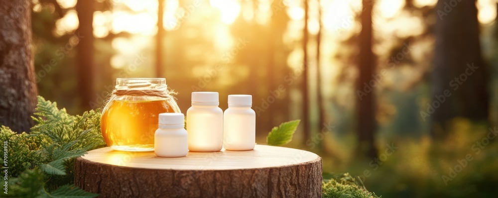 Rustic wooden podium nestled among tall trees, displaying simple, clean oil containers with subtle sunlight and forest ambiance, natural oils presentation Rustic wooden podium nestled among tall trees, displaying simple, clean oil containers with subtle sunlight and forest ambiance, natural oils presentation