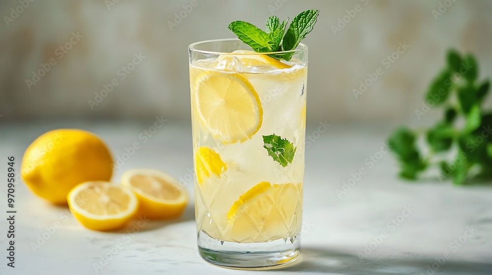 Lemonade in a clear glass with lemon slices and mint garnish, resting on a plain surface with empty space for text Lemonade in a clear glass with lemon slices and mint garnish, resting on a plain surface with empty space for text