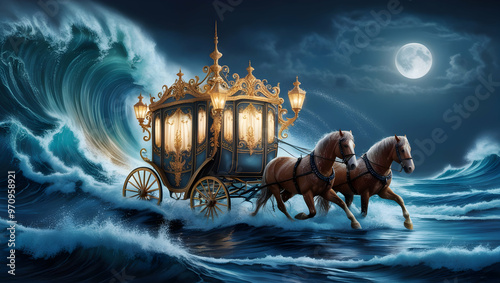 Horse drawn carriage in the ocean photo