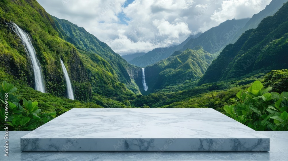 Smooth marble platform set in a lush valley with waterfalls, the flowing water adding grace and elegance to the product presentation, scenic beauty platform Smooth marble platform set in a lush valley with waterfalls, the flowing water adding grace and elegance to the product presentation, scenic beauty platform