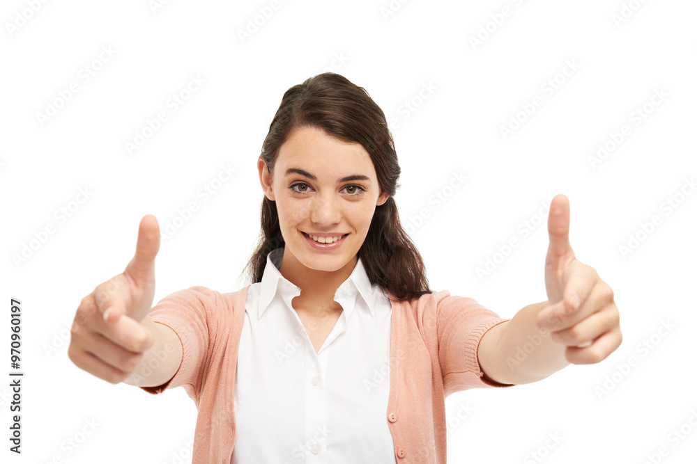 Girl, smile and thumbs up in studio portrait with vote, choice or decision for education by white background. Person, woman and happy with sign, icon and symbol for yes, like and agreement in Italy Girl, smile and thumbs up in studio portrait with vote, choice or decision for education by white background. Person, woman and happy with sign, icon and symbol for yes, like and agreement in Italy