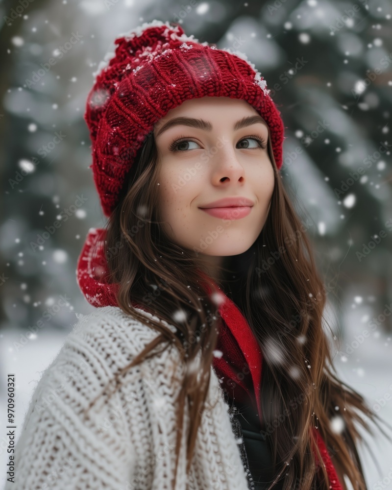 Smiling young woman wearing red knit hat in snowy winter forest Smiling young woman wearing red knit hat in snowy winter forest