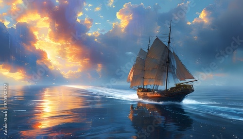 Mystical ship navigating an ethereal sea, enveloped in magical mist, captured in vibrant hues and intricate detail photo