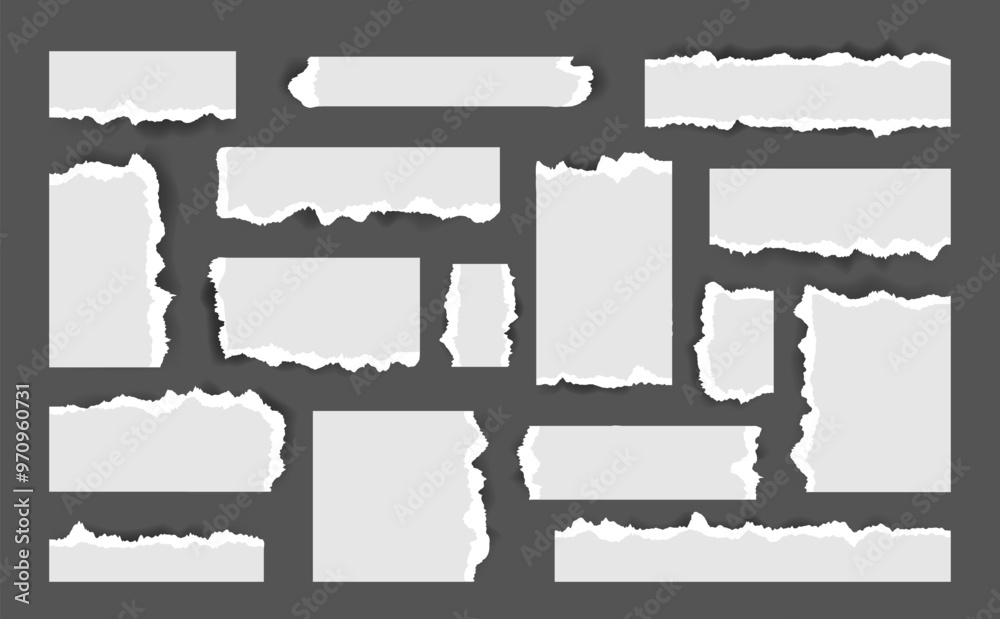 Torn Notebook Sheets of white paper for scrapbook. Vector Ripped blank pages with jagged edges texture for Collages. Damaged notepad empty element for text. Old style Textbox. Torn Notebook Sheets of white paper for scrapbook. Vector Ripped blank pages with jagged edges texture for Collages. Damaged notepad empty element for text. Old style Textbox.