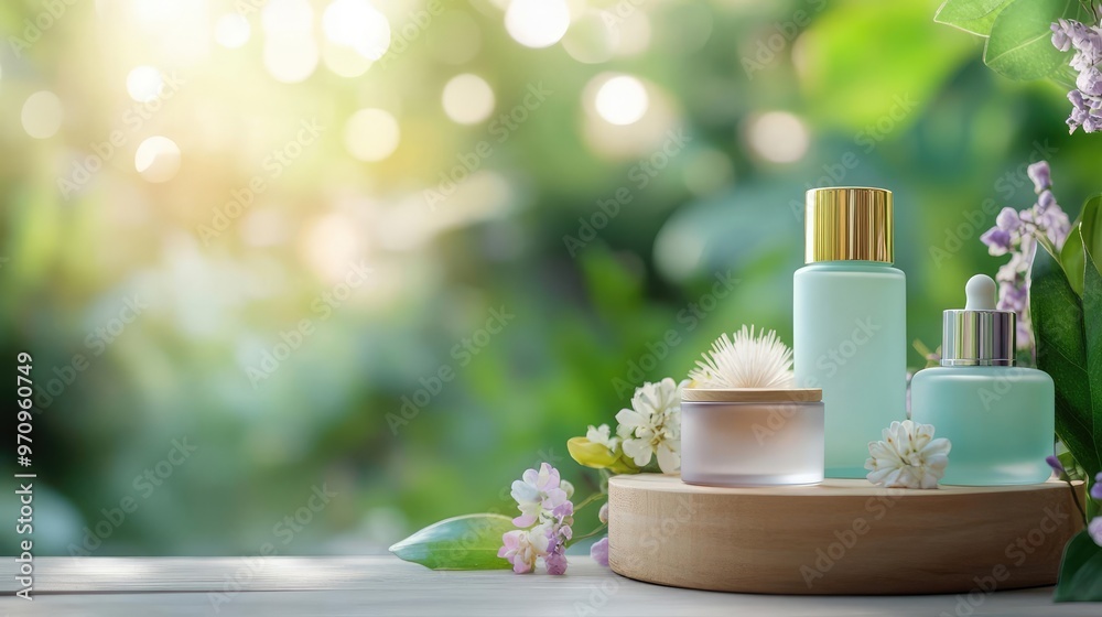 Non-toxic beauty products on a wooden podium in a serene outdoor scenery, surrounded by nature and soft light, promoting a peaceful meditation environment Non-toxic beauty products on a wooden podium in a serene outdoor scenery, surrounded by nature and soft light, promoting a peaceful meditation environment