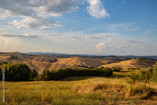 Rolling hills in golden hues under soft sunlight. Minimal greenery in the foreground, Rolling hills with golden fields, mountain range in the background, sparse vegetation. Grand tour in Italy. Italia