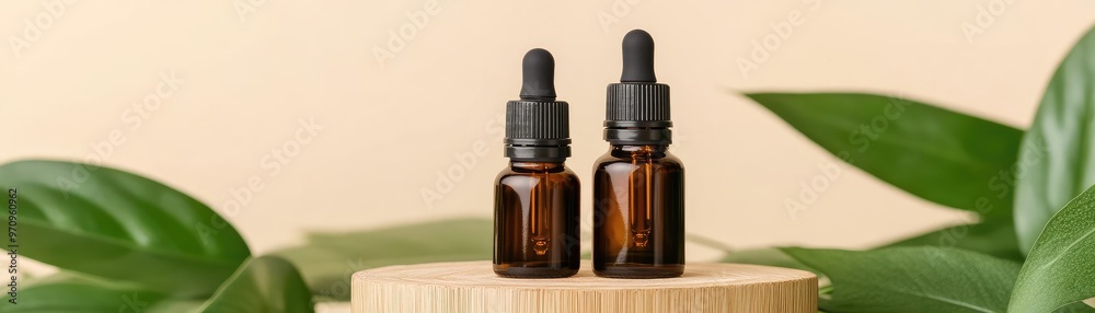 Plant-based essential oils in refillable containers on a bamboo podium, surrounded by lush greenery, emphasizing eco-friendly and reusable beauty Plant-based essential oils in refillable containers on a bamboo podium, surrounded by lush greenery, emphasizing eco-friendly and reusable beauty