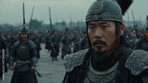 Middle-aged Asian man with short dark hair wearing traditional Chinese military uniform, standing in front of large army of soldiers marching in rain