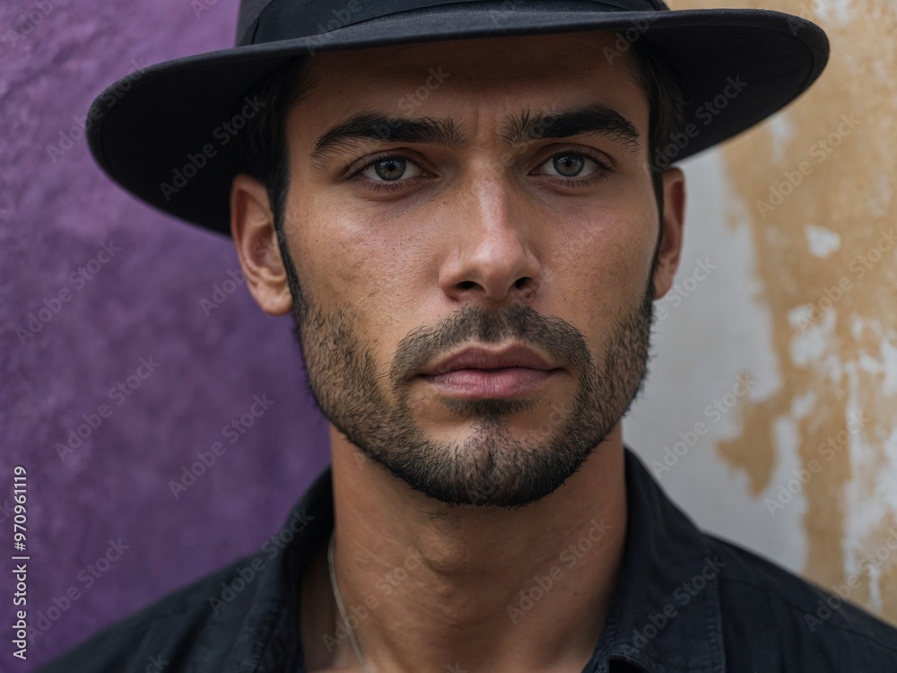 Middle-aged Middle Eastern man with dark hair and beard wearing black hat against purple background Middle-aged Middle Eastern man with dark hair and beard wearing black hat against purple background