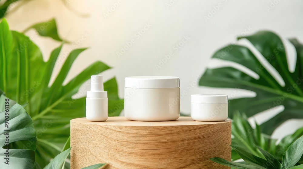 Reusable skincare containers on a wooden podium encircled by tropical plants and natural light, showcasing eco-friendly beauty essentials in a nature setting Reusable skincare containers on a wooden podium encircled by tropical plants and natural light, showcasing eco-friendly beauty essentials in a nature setting