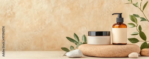 Raw, unrefined beauty products placed on an earthy podium made of clay and stone, surrounded by natural elements, promoting balance and sustainability