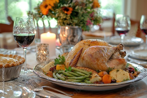  shot of the  and  thanksgiving meal, featuring an array of traditional dishes such as the golden-brown whole turkey on top of the table with pile-up fresh green beans, pie in the middle , rich vegeta photo