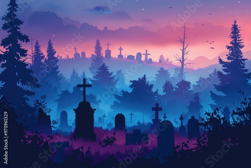 Twilight with tombstones and fog, haunted graveyard, flat design illustration.,