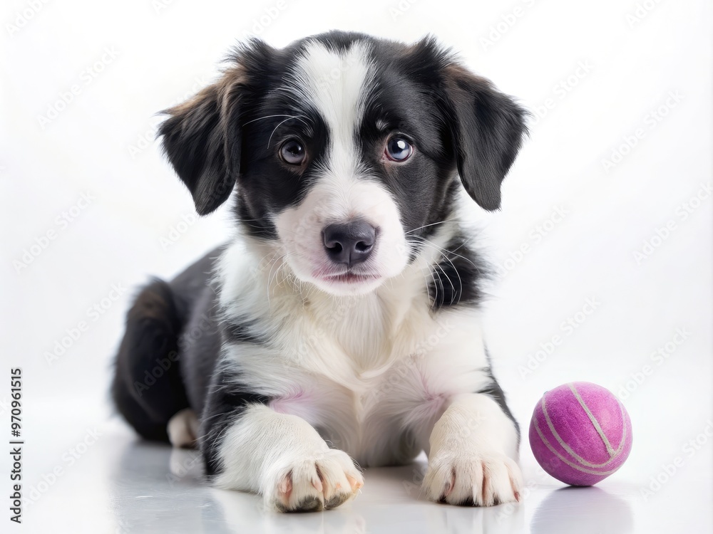 Adorable black and white puppy with floppy ears and twitching nose plays with a ball on a clean white background, showcasing innocence and curiosity. Adorable black and white puppy with floppy ears and twitching nose plays with a ball on a clean white background, showcasing innocence and curiosity.