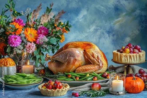  shot of the  and  thanksgiving meal, featuring an array of traditional dishes such as the golden-brown whole turkey on top of the table with pile-up fresh green beans, pie in the middle , rich vegeta photo